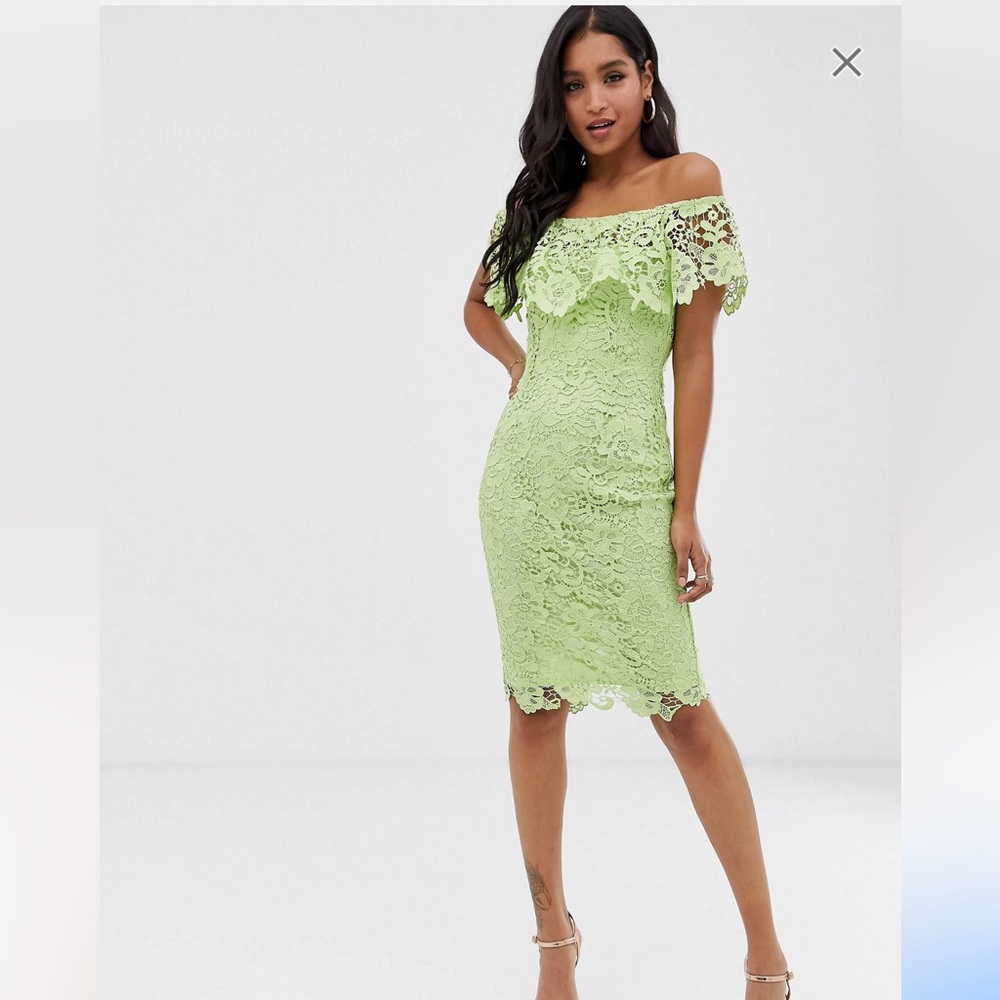 Paper Dolls bardot lace pencil dress with frill detail in lime